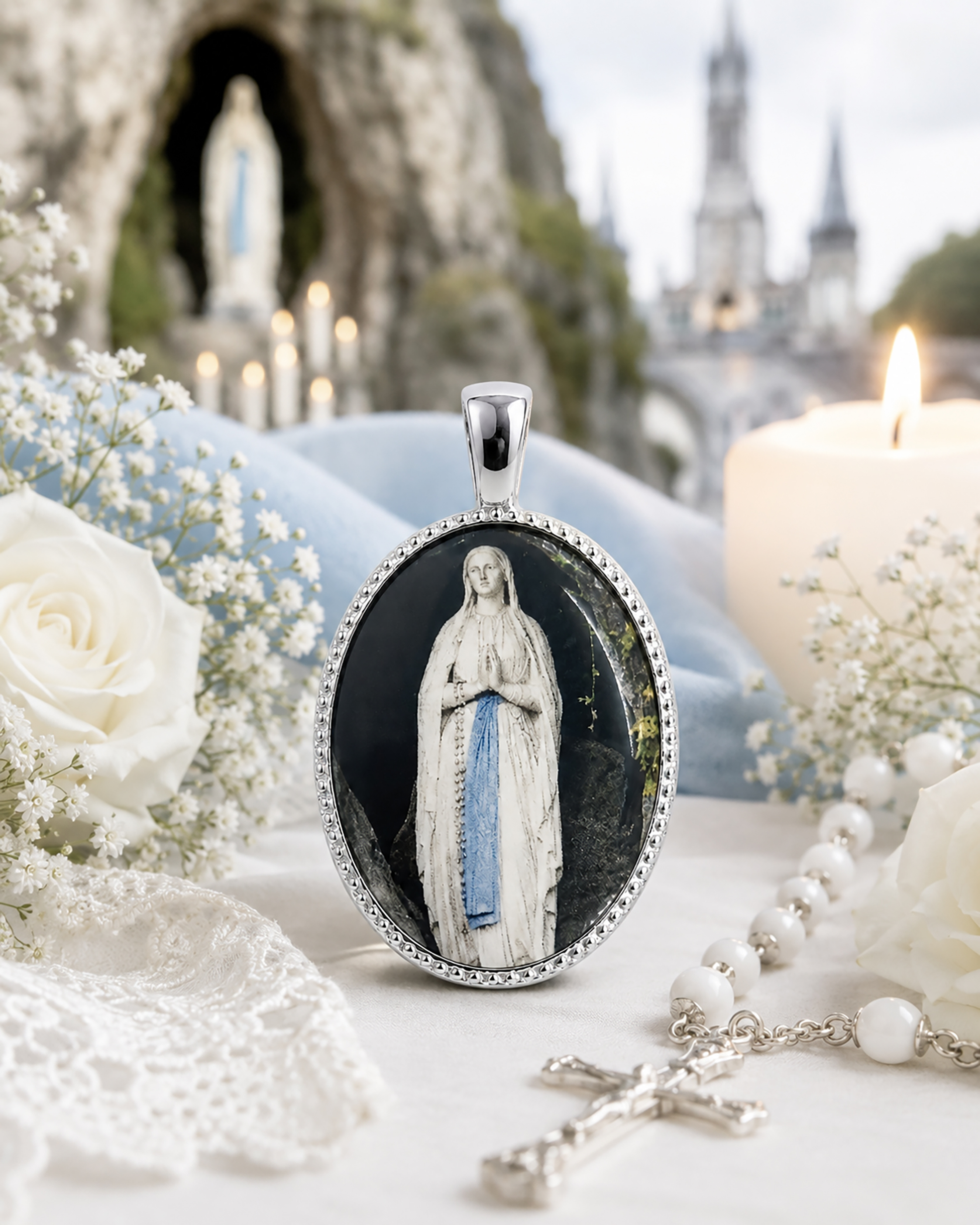 Medalla Oval Virgen de Lourdes en Plata de Ley 29 x 21 mms.