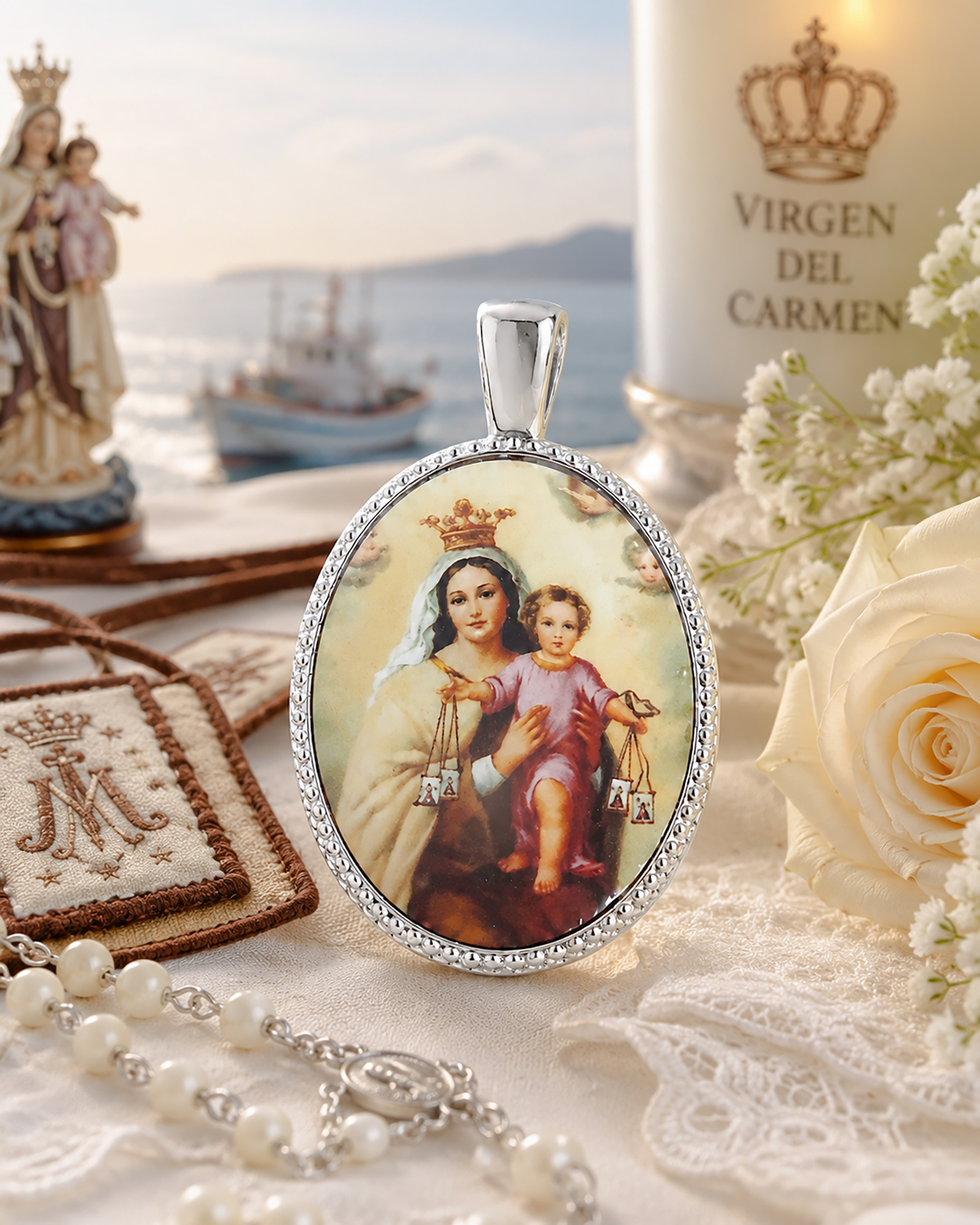 Medalla Oval Virgen del Carmen en Plata de Ley 24 x 18 mms.