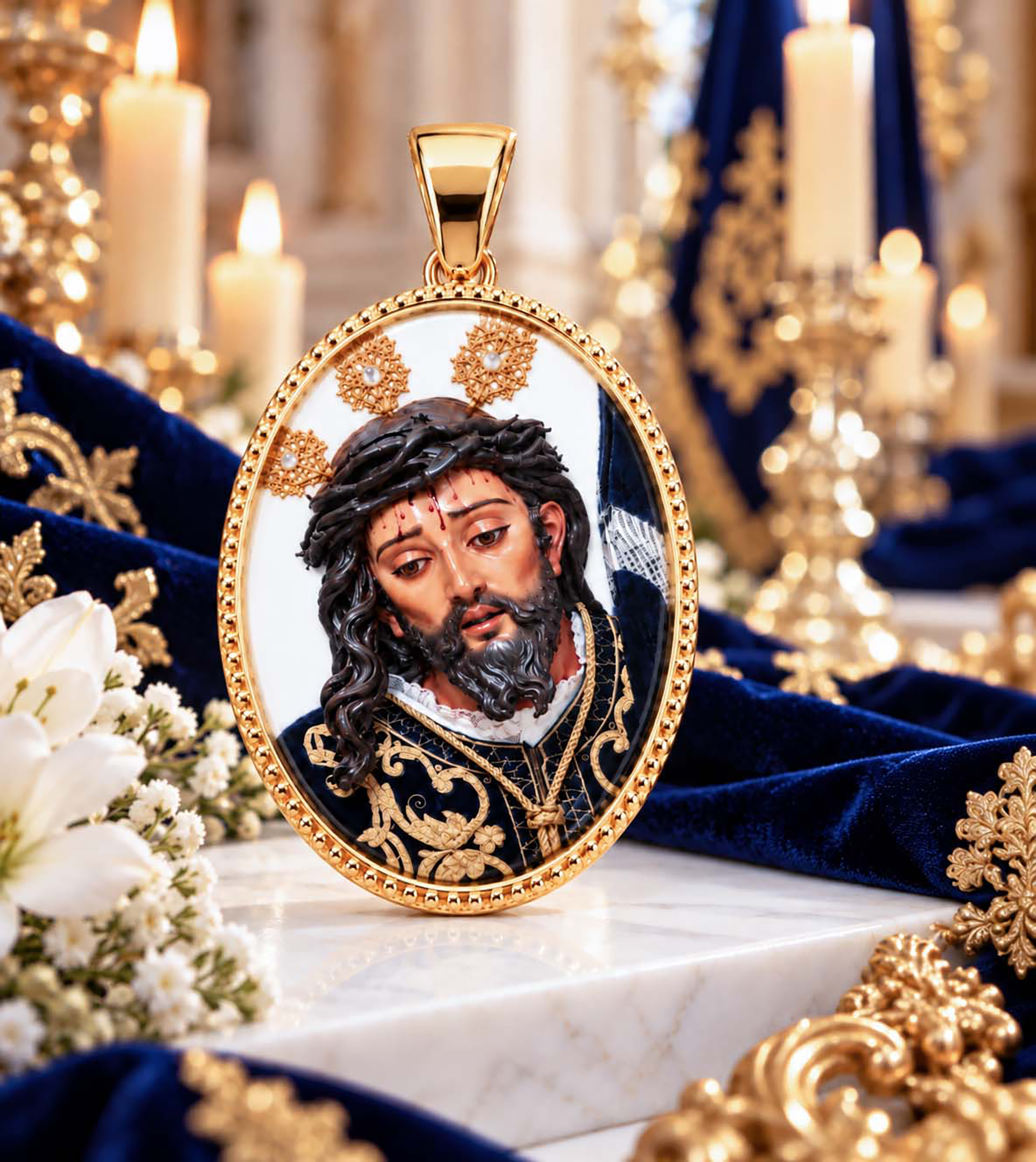 Medalla Oval Cristo de las tres caidas de Sevilla en Plata de Ley Chapada En Oro 24 x 18 mms.